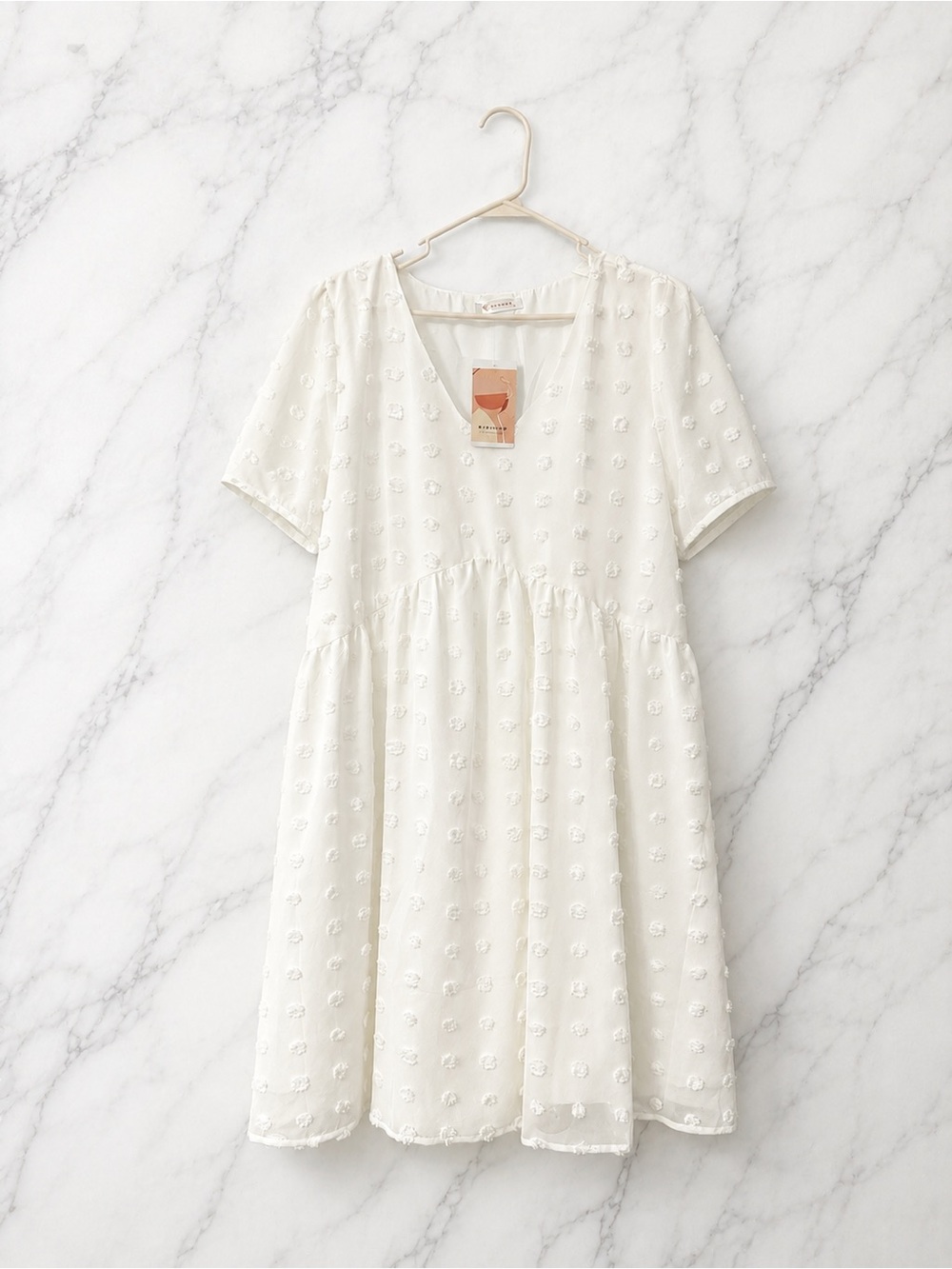 White Embroidered Short Sleeve V-Neck Babydoll Dress